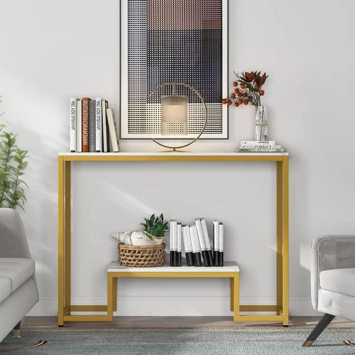 Console table with decorative items in a living room setting