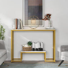 Console table with decorative items in a living room setting