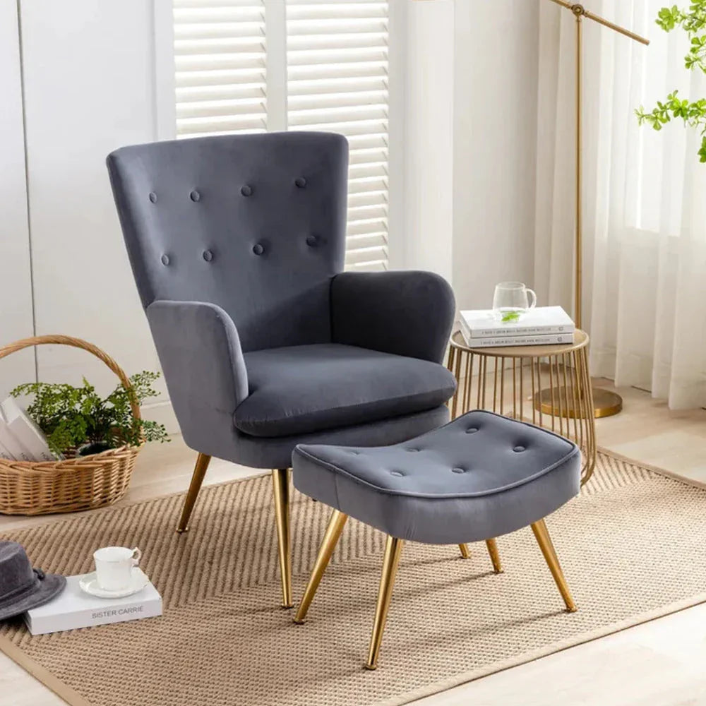 Tufted Long Back Grey Lounge Chair With Ottoman - All India Decor