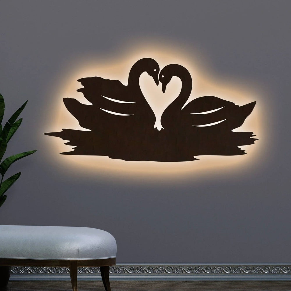 Loving Pair of Swan Backlit Wooden Wall Decor with LED Night Light Walnut Finish - All India Decor