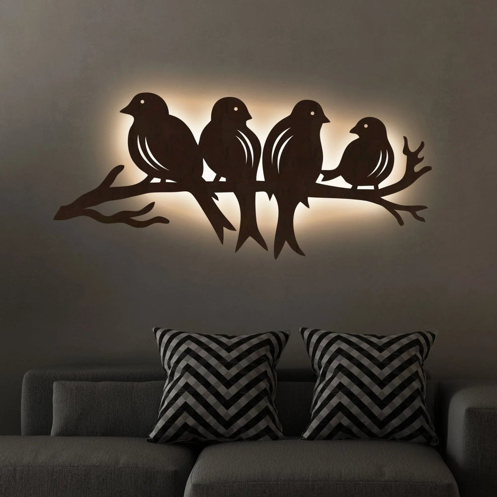 Birds Sitting on Branch Backlit Wooden Wall Decor with LED Night Light Walnut Finish - All India Decor