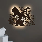 Cat with Flower Backlit Wooden Wall Decor with LED Night Light Walnut Finish - All India Decor