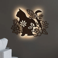 Cat with Flower Backlit Wooden Wall Decor with LED Night Light Walnut Finish - All India Decor