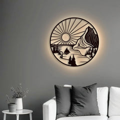 Beautiful Mountain and Rising Sun Scenery Backlit Wooden Wall Decor with LED Night Light Walnut Finish - All India Decor