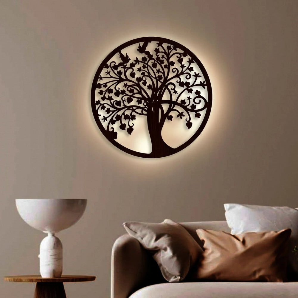 Beautiful Tree of life Round Backlit Wooden Wall Hanging with LED Night Light Walnut Finish - All India Decor