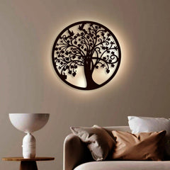 Beautiful Tree of life Round Backlit Wooden Wall Hanging with LED Night Light Walnut Finish - All India Decor