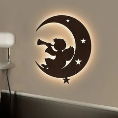Silhouette Angel Backlit Wooden Wall Hanging with LED Night Light Walnut Finish - All India Decor