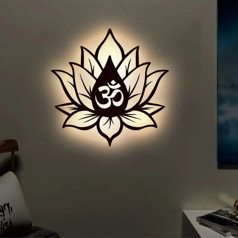 Hindu OM inside Lotus Flower Backlit Wooden Wall Decor with LED Night Light Walnut Finish - All India Decor