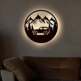 Mountain Forest Road Jeep Art Backlit Wooden Wall Hanging with LED Night Light Walnut Finish - All India Decor