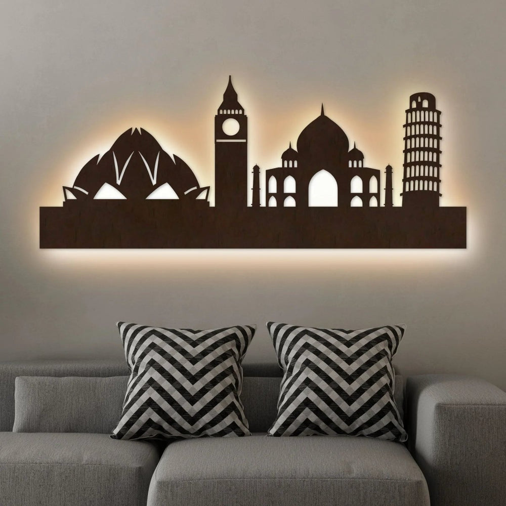 Famous Architectures Backlit Design Wooden Wall Hanging with LED Night Light Walnut Finish - All India Decor