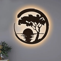 Beautiful Sunset Scenery Backlit Wooden Wall Decor with LED Night Light Walnut Finish - All India Decor