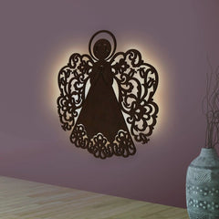 Fairy Angel Backlit Wooden Wall Hanging with LED Night Light Walnut Finish - All India Decor
