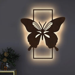 Modern Butterfly Art Backlit Wooden Wall Decor with LED Night Light Walnut Finish - All India Decor