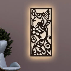 Beautiful Bird with Flower Backlit Wooden Wall Hanging with LED Night Light Walnut Finish - All India Decor