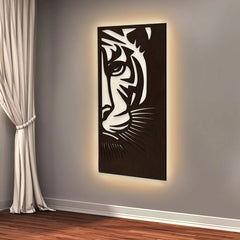 Tiger Face Art Backlit Wooden Wall Decor with LED Night Light Walnut Finish - All India Decor