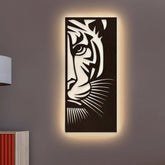 Tiger Face Art Backlit Wooden Wall Decor with LED Night Light Walnut Finish - All India Decor
