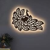 Beautiful Peacock Wings Designer Art Backlit Wooden Wall Decor with LED Night Light Walnut Finish - All India Decor