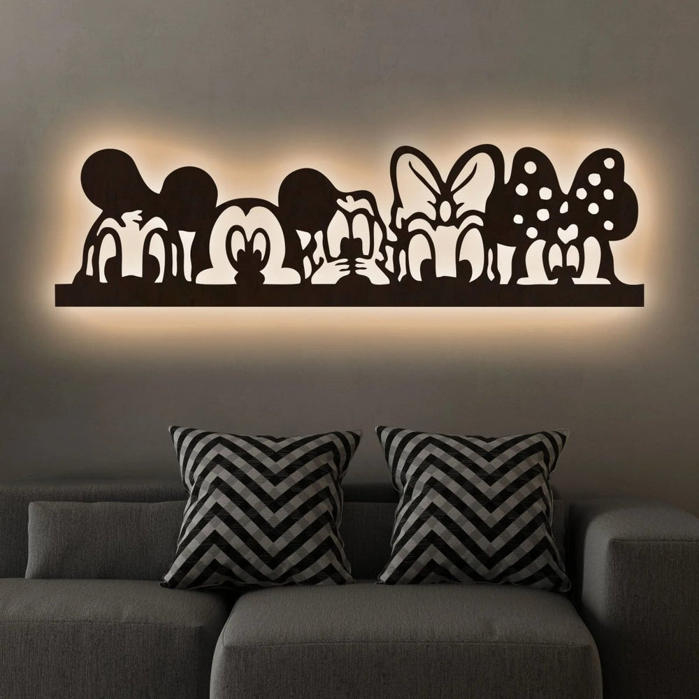 Mickey Mouse And Friends Backlit Wooden Wall Decor with LED Night Light Walnut Finish - All India Decor