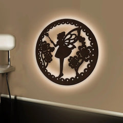 Fairy Butterfly Angel Backlit Wooden Wall Hanging with LED Night Light Walnut Finish - All India Decor