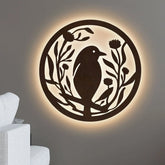Beautiful Bird with Flower Round Backlit Wooden Wall Hanging with LED Night Light Walnut Finish - All India Decor