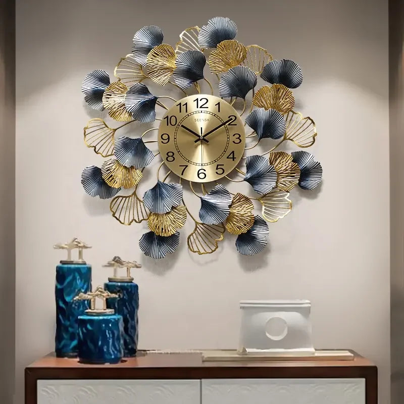 Silent Luxury Ginkgo Leaf Metal Decoration Wall Clock - All India Decor