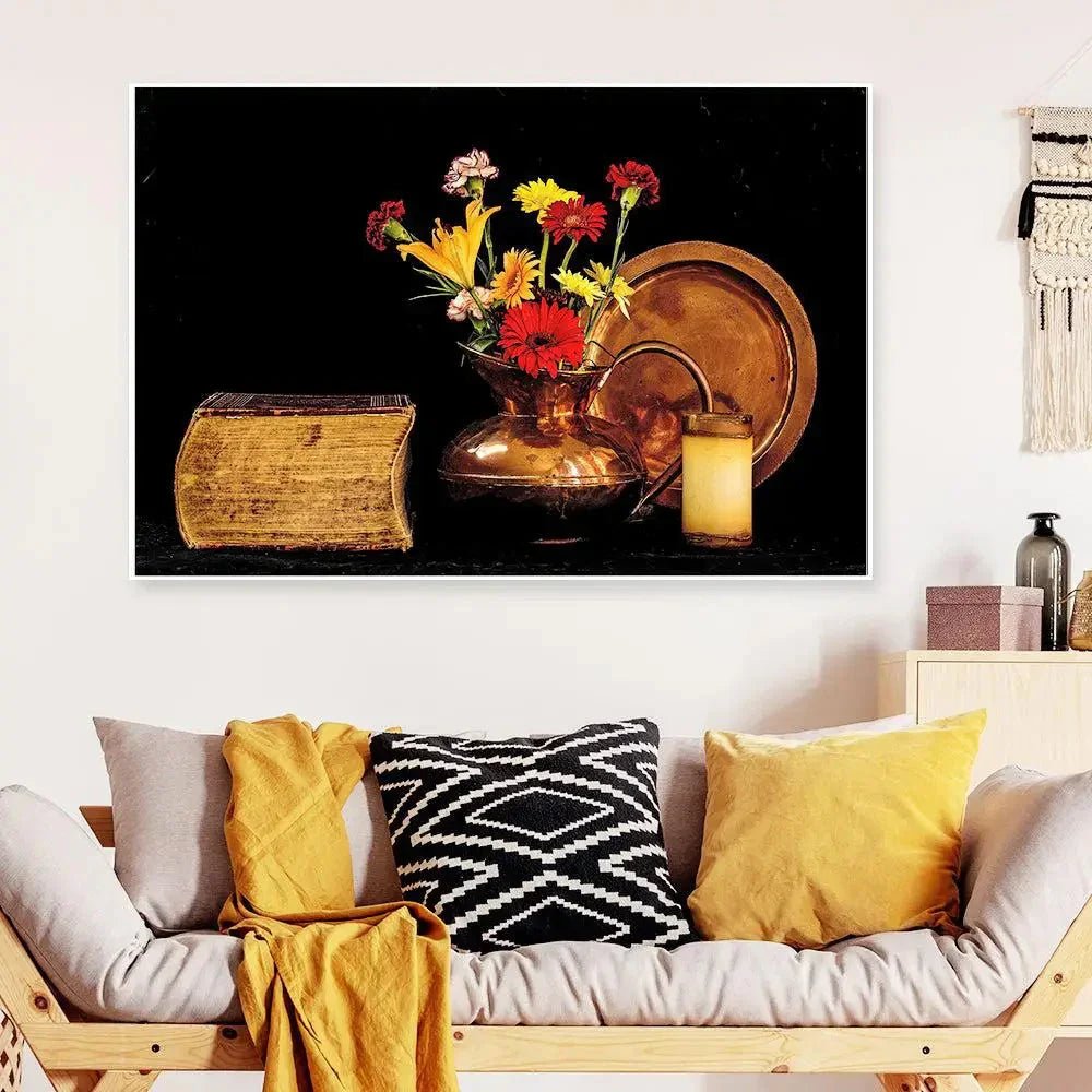 Stunning Still Life of Ancient Copper Vase & Flowers - All India Decor