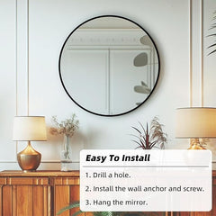 Round mirror with installation instructions on a white wall with lamps and plants.