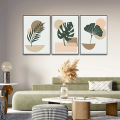 Boho Style Artistic Design of Ginkgo and Monstera Plants Wall Art Set Of 3 - All India Decor