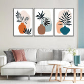 Contemporary Monochrome Art Posters Abstract Geometric Elements, Strokes, Leaves And Berries Set Of 3 - All India Decor