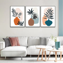 Contemporary Monochrome Art Posters Abstract Geometric Elements, Strokes, Leaves And Berries Set Of 3 - All India Decor