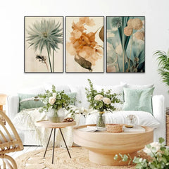 Boho Style Leaves Flowers and Geometric Wall Art Set of 3 - All India Decor