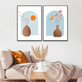 Mid - Century Bohemian Style Abstract Flower and Vase Modern Wall Art Set of 2 - All India Decor