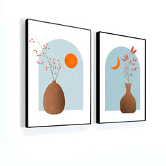 Mid - Century Bohemian Style Abstract Flower and Vase Modern Wall Art Set of 2 - All India Decor