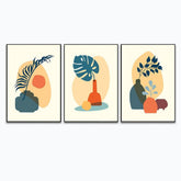 Abstract Boho Poster with Tropical Leaf, Color Vase and Shape Wall Art Set of 3 - All India Decor