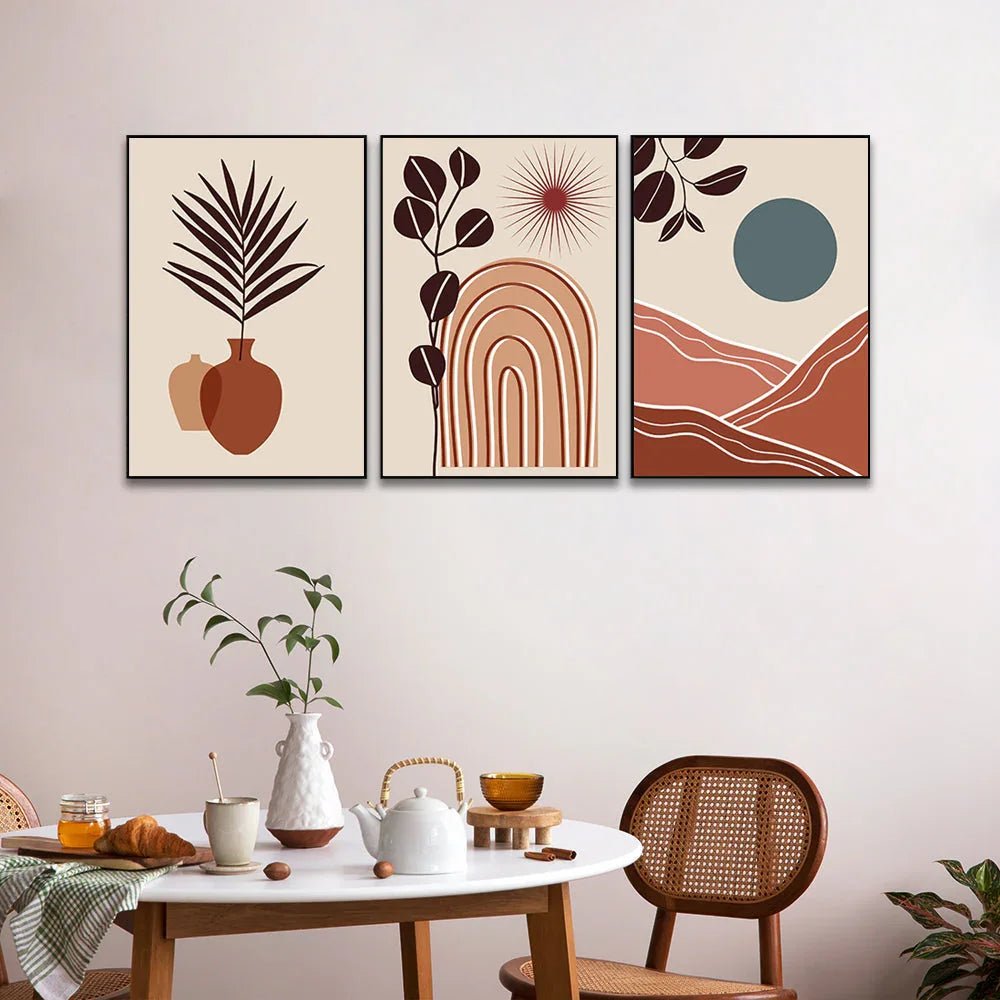 Boho Wall Art, Abstract Gallery Mountain Wall Set, Sun And Moon Decorative Set of 3 - All India Decor