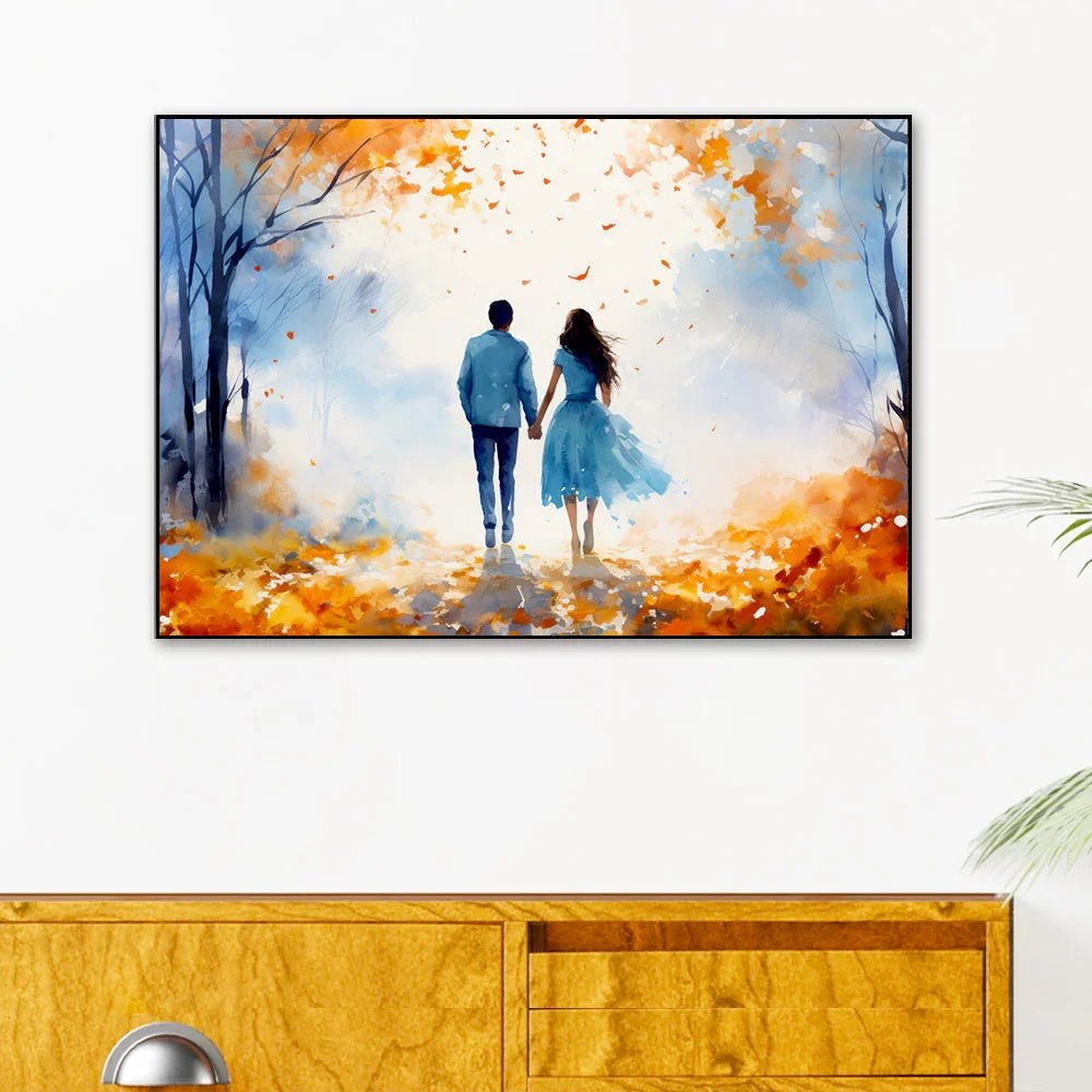 Beautiful Young Couple Walking in Autumn Park Canvas Wall Paintings & Arts - All India Decor