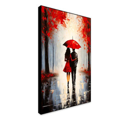 Beautiful Couple Walking Rain Umbrella Black Red Color Palette Holding Hand Wall Paintings & Arts - All India Decor