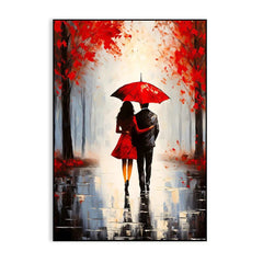 Beautiful Couple Walking Rain Umbrella Black Red Color Palette Holding Hand Wall Paintings & Arts - All India Decor