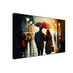 Beautiful Couple Walking in The Rain Holding an Umbrella Canvas Wall Paintings & Arts - All India Decor