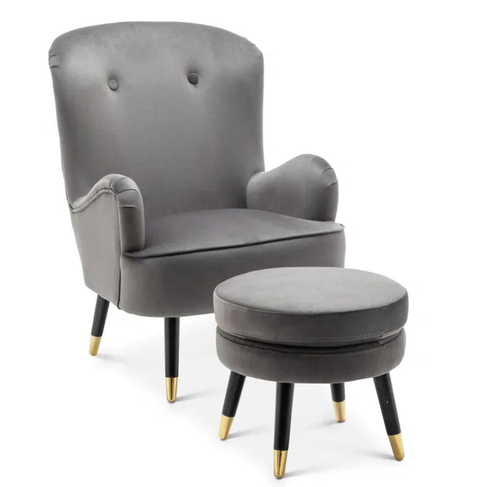 Luxury Grey Velvet Lounge Chair With Ottoman - All India Decor