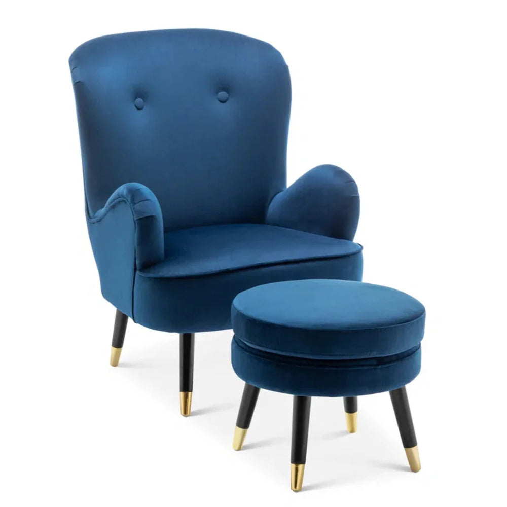 Luxury Navy Blue Velvet Lounge Chair With Ottoman - All India Decor