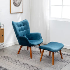 Tufted Curvy Long Back Sea Green Lounge Chair With Ottoman - All India Decor