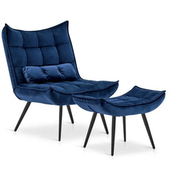 Navy Blue Leatherette Armchair With Footrest & Cushion - All India Decor