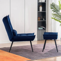 Navy Blue Leatherette Armchair With Footrest & Cushion - All India Decor