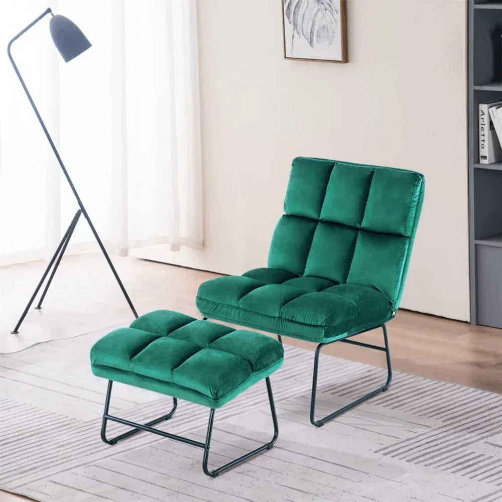 Square Tufted Rich Green Velvet Chair With Footrest - All India Decor