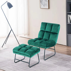 Square Tufted Rich Green Velvet Chair With Footrest - All India Decor