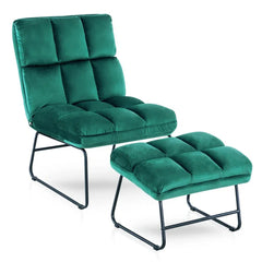 Square Tufted Rich Green Velvet Chair With Footrest - All India Decor