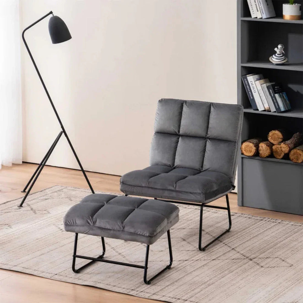 Square Tufted Grey Velvet Chair With Footrest - All India Decor