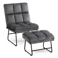 Square Tufted Grey Velvet Chair With Footrest - All India Decor