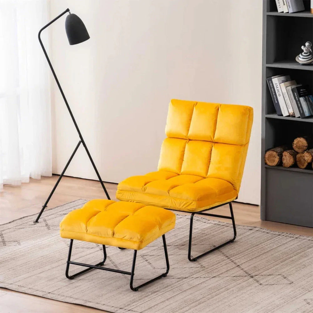 Square Tufted Yellow Velvet Chair With Footrest - All India Decor